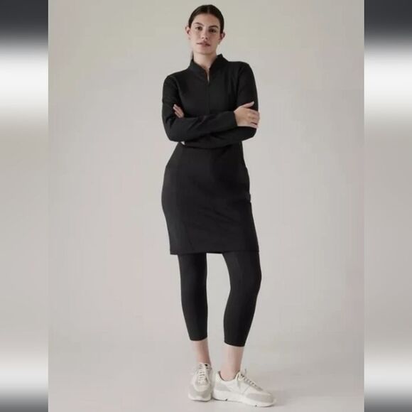 Athleta Delancey Black UPF 50 Sculptek Dress Long Sleeve Zip Medium MP Petite - Picture 2 of 13